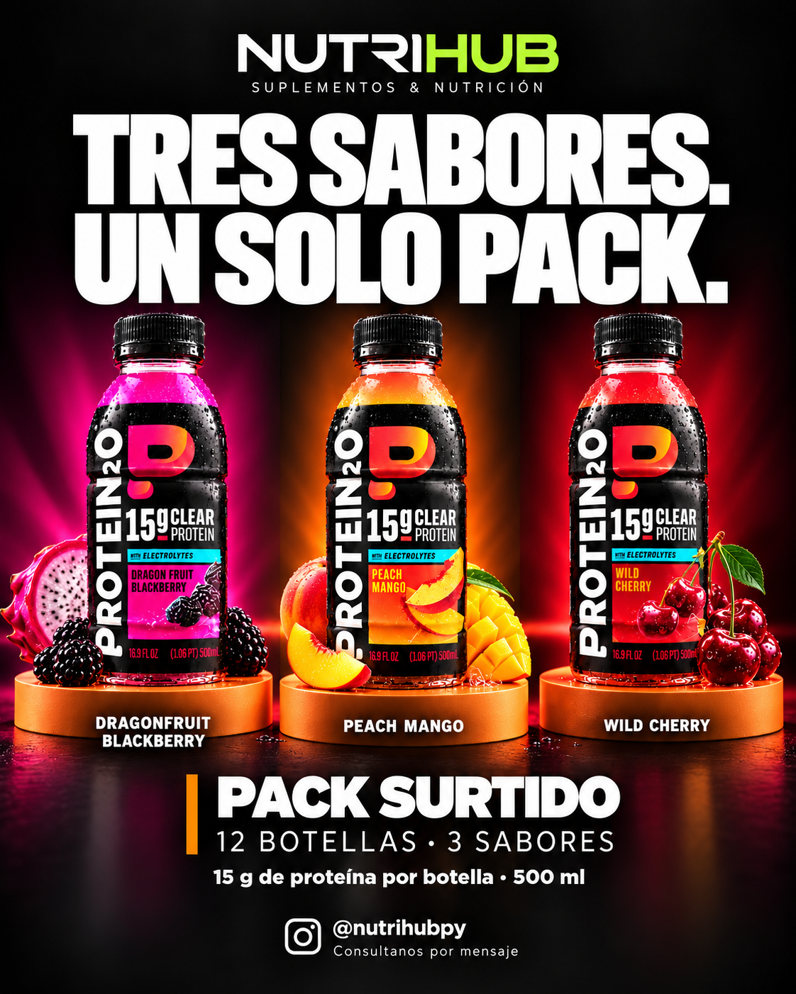 Pack surtido Protein2o: Peach Mango, Dragonfruit Blackberry y Wild Cherry